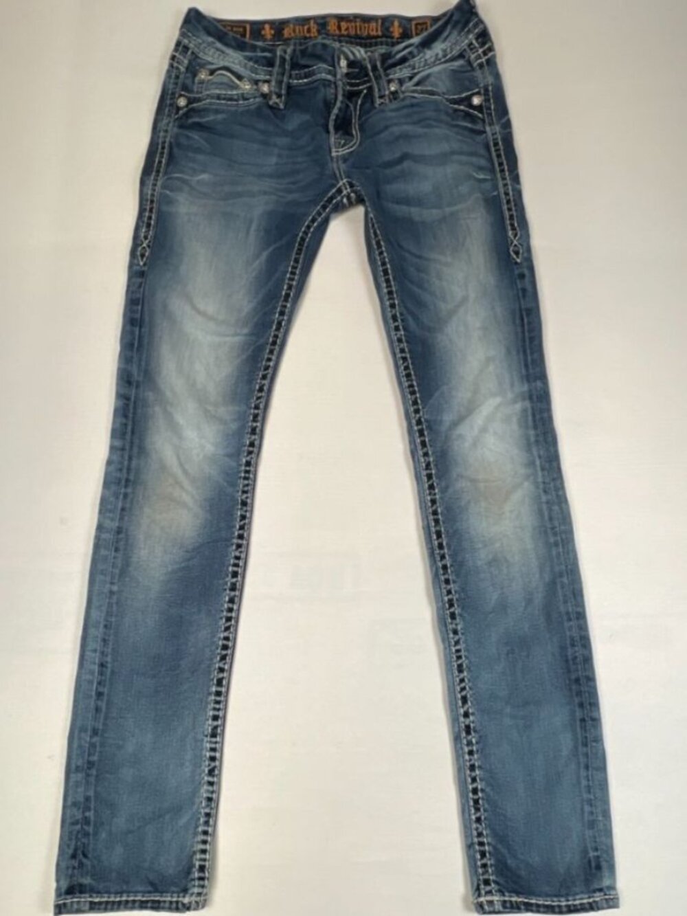 Rock Revival Women’s Size 27 Jeans Embellished Flap Pocket Bootcut Blue Denim